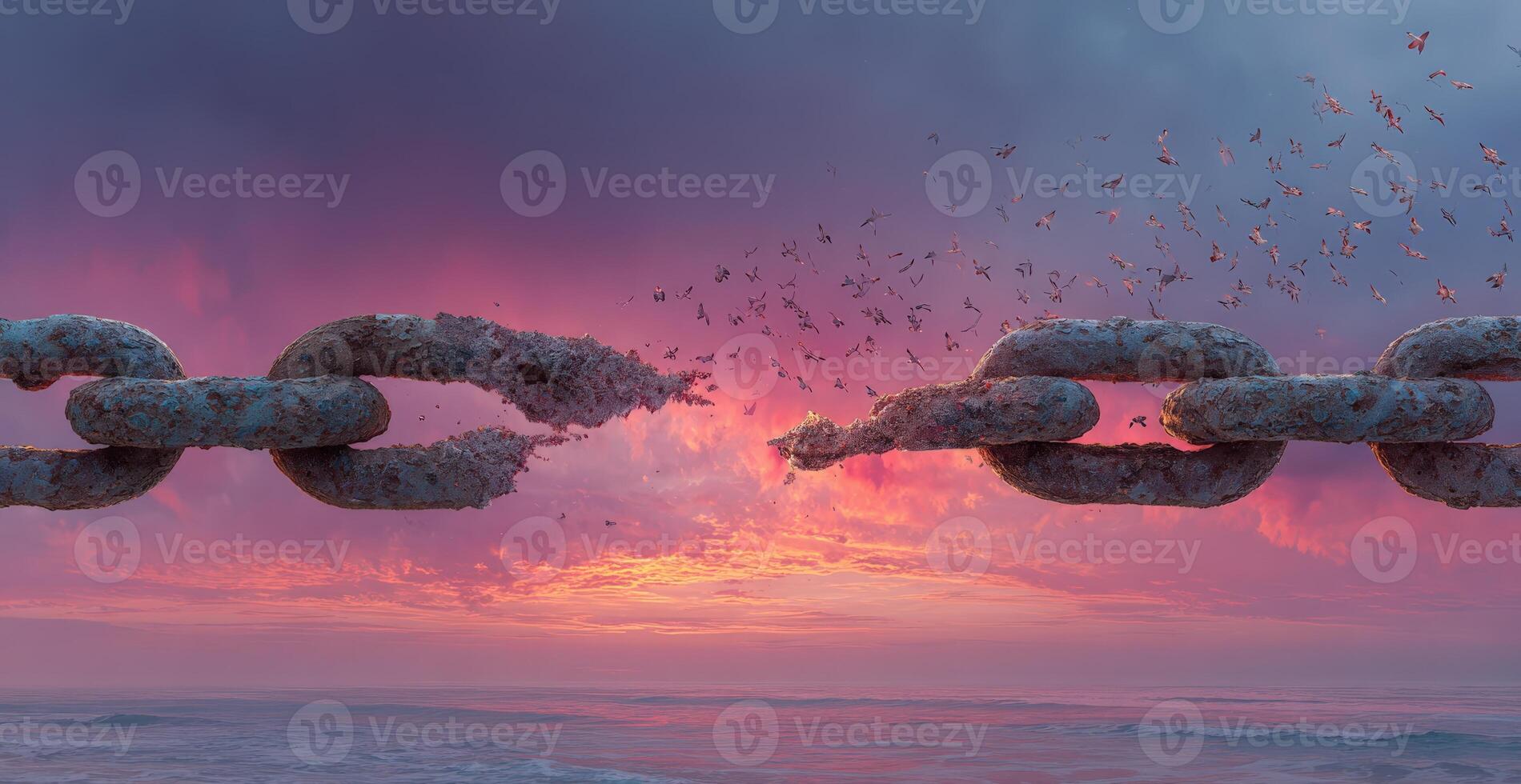 Rusty chain link breaking apart against a vibrant sunset sky, with scattered birds flying in the background, symbolizing freedom and the end of constraints photo