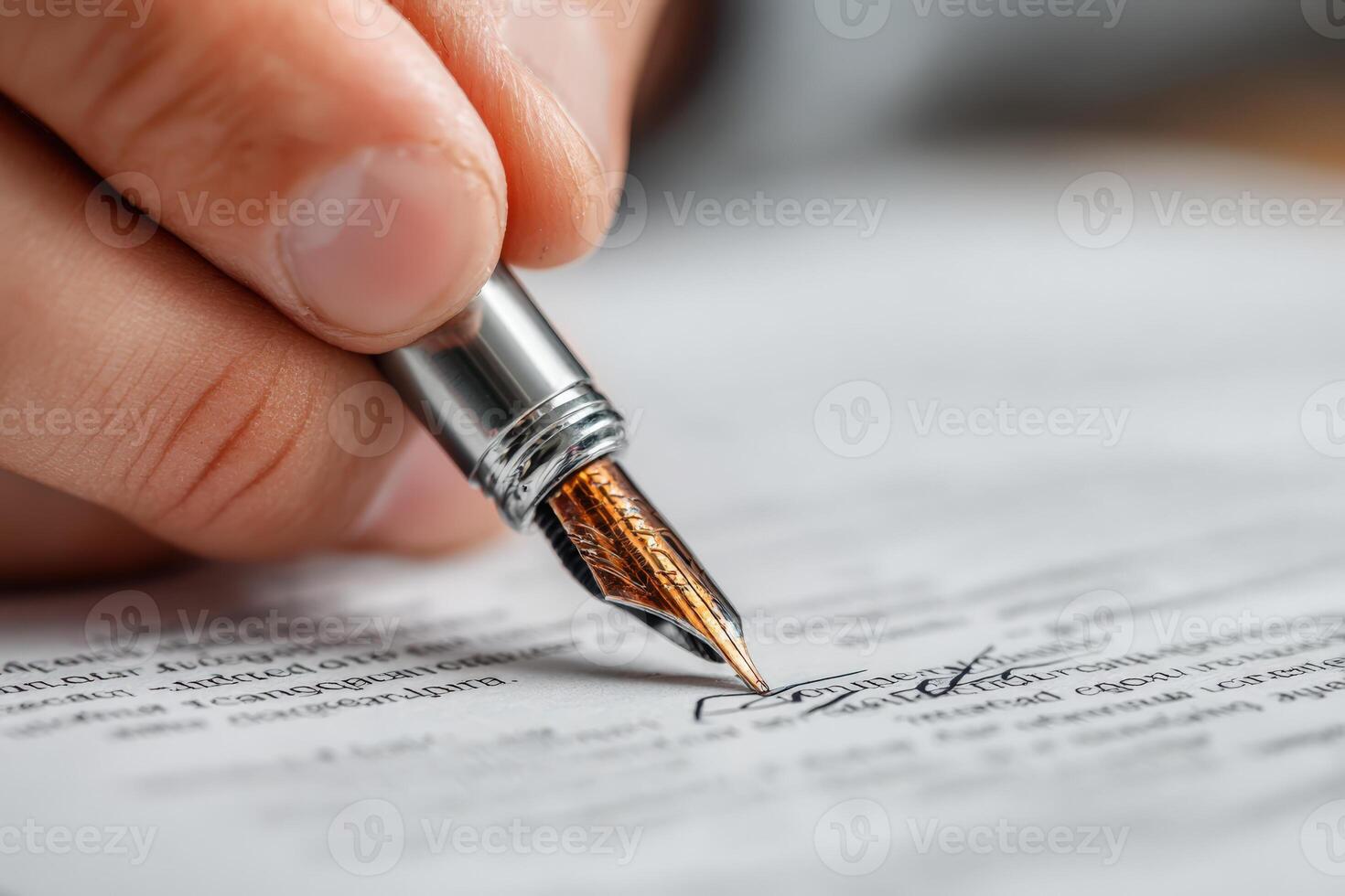 Close-up of a hand holding a fountain pen, signing a document with elegant script, showcasing the importance of formal agreements and personal commitment in professional settings photo