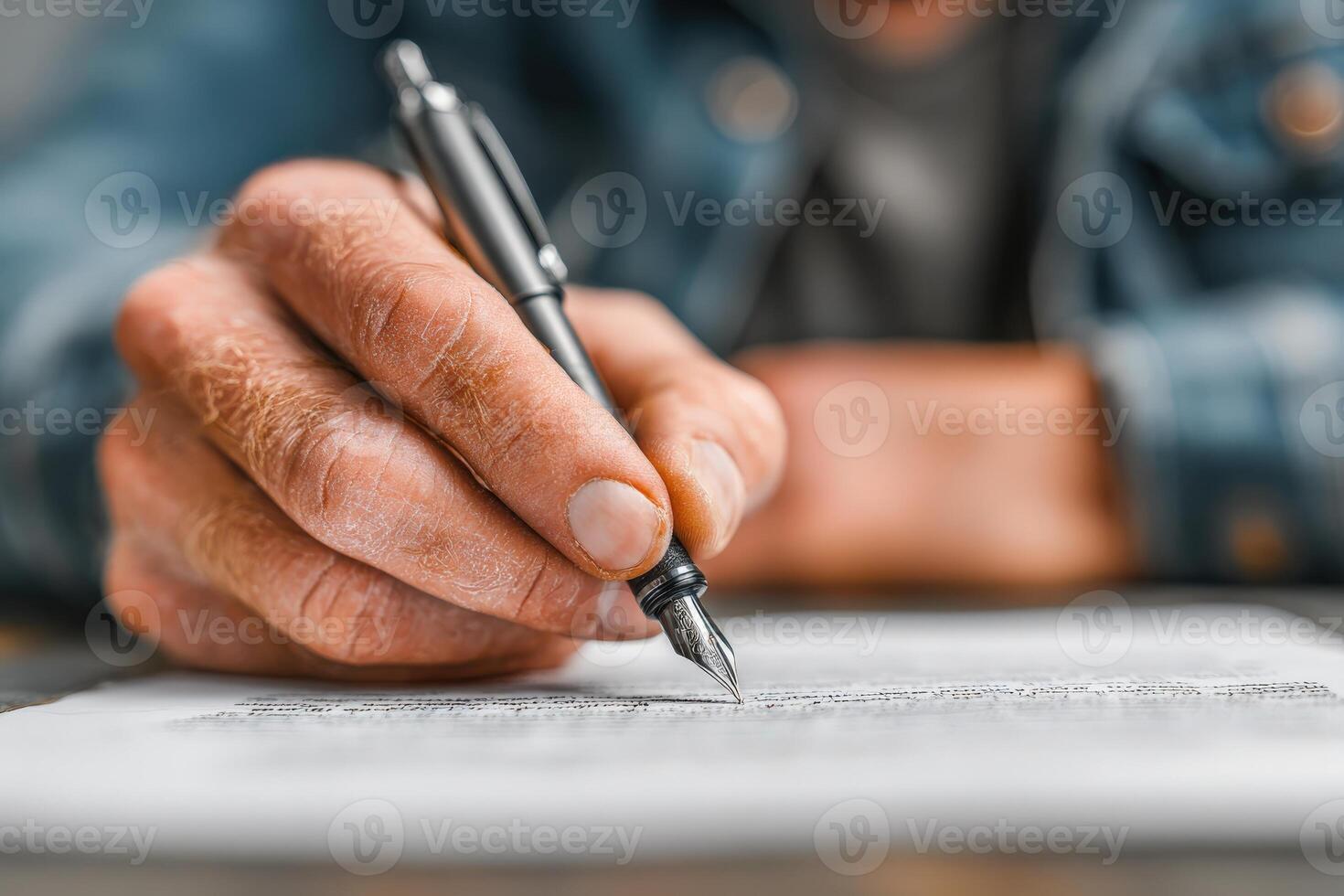 Close-up of a hand holding a fountain pen, poised above a sheet of paper, capturing the essence of writing, creativity, and expression in a focused workspace photo