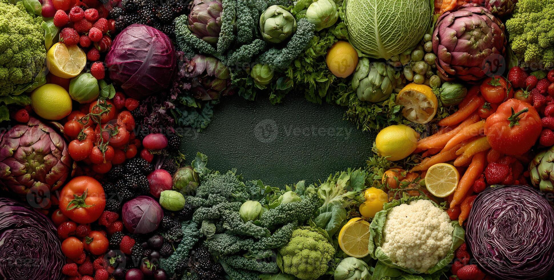 Vibrant assortment of fresh vegetables and fruits arranged in a circular pattern, showcasing rich colors and textures, with ample copy space for design purposes photo