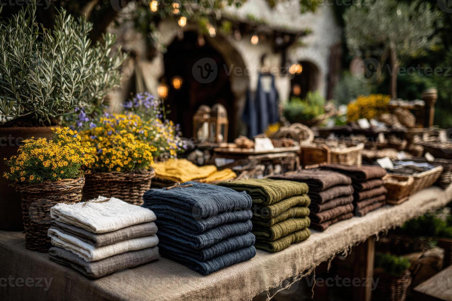 Colorful array of neatly folded textiles displayed on rustic wooden table, surrounded by vibrant flowers and woven baskets, showcasing artisanal craftsmanship and market ambiance photo