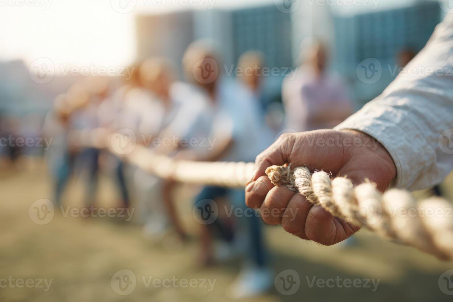 Close-up of a hand gripping a thick rope during a competitive tug-of-war event, with blurred participants in the background showcasing teamwork and determination photo
