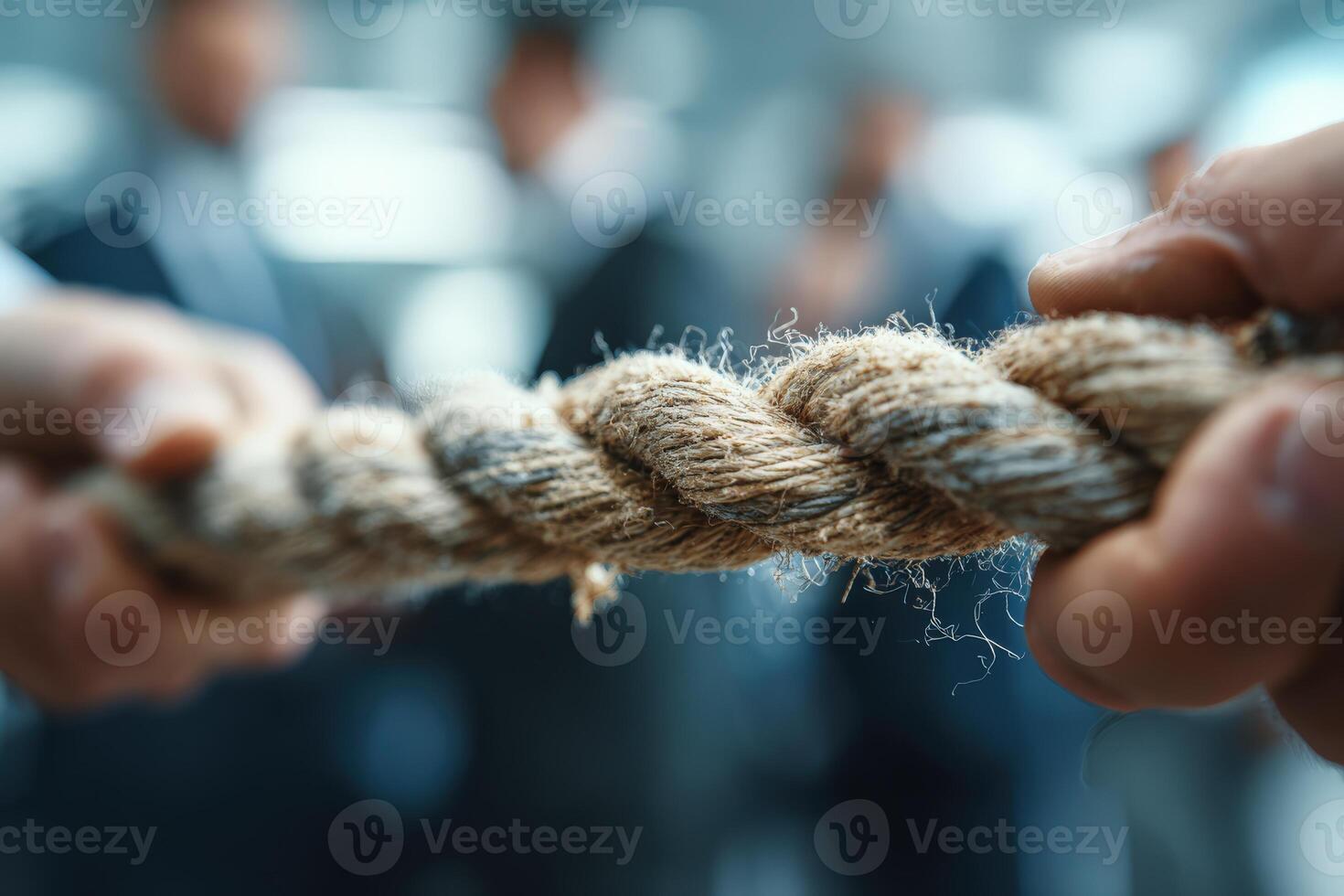 Two hands gripping a thick, textured rope, symbolizing teamwork and collaboration, with blurred figures in suits in the background, conveying a sense of unity and strength photo
