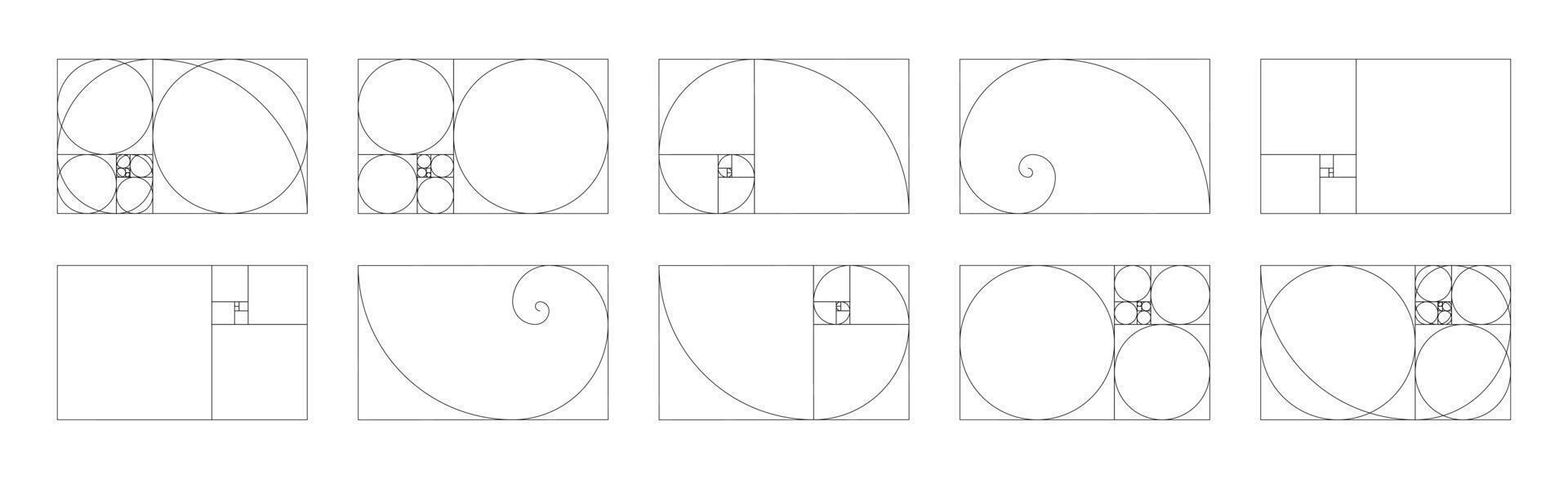 horizontal fibonacci números formación conjunto de 10 elementos. dorado proporción armonía dimensiones modelo. vector