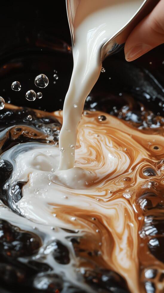 Cream is poured into coffee creating a beautiful swirl pattern in a cozy cafe setting. photo