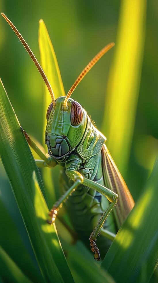 Close-up view of a vibrant green grasshopper perched on a leaf in soft daylight photo