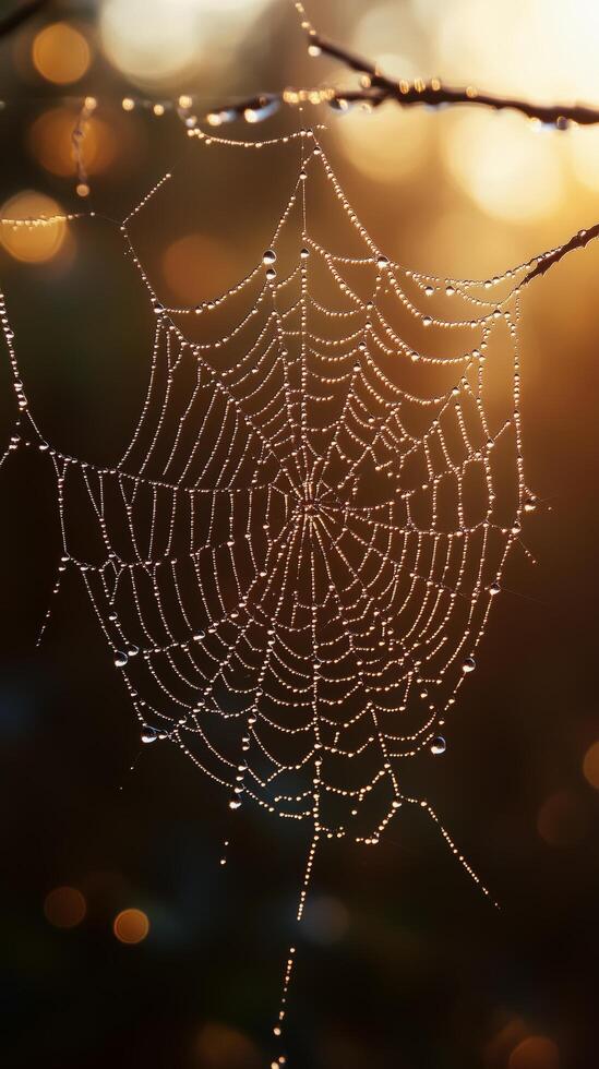 Intricate Spider Web Adorned With Dew Drops Glimmers in Warm Sunlight photo
