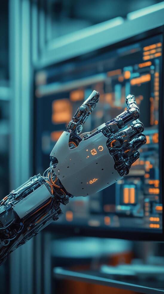 Human and Robotic Hand Interaction in a Futuristic Workspace During Evening Hours photo