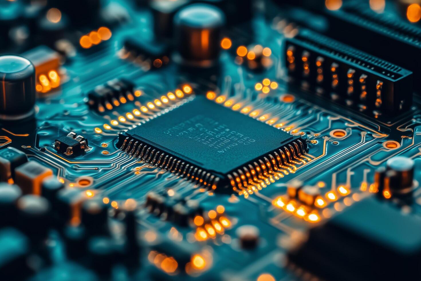 Close-up View of a Computer Chip on a Circuit Board With Glowing Connections and Intricate Details photo