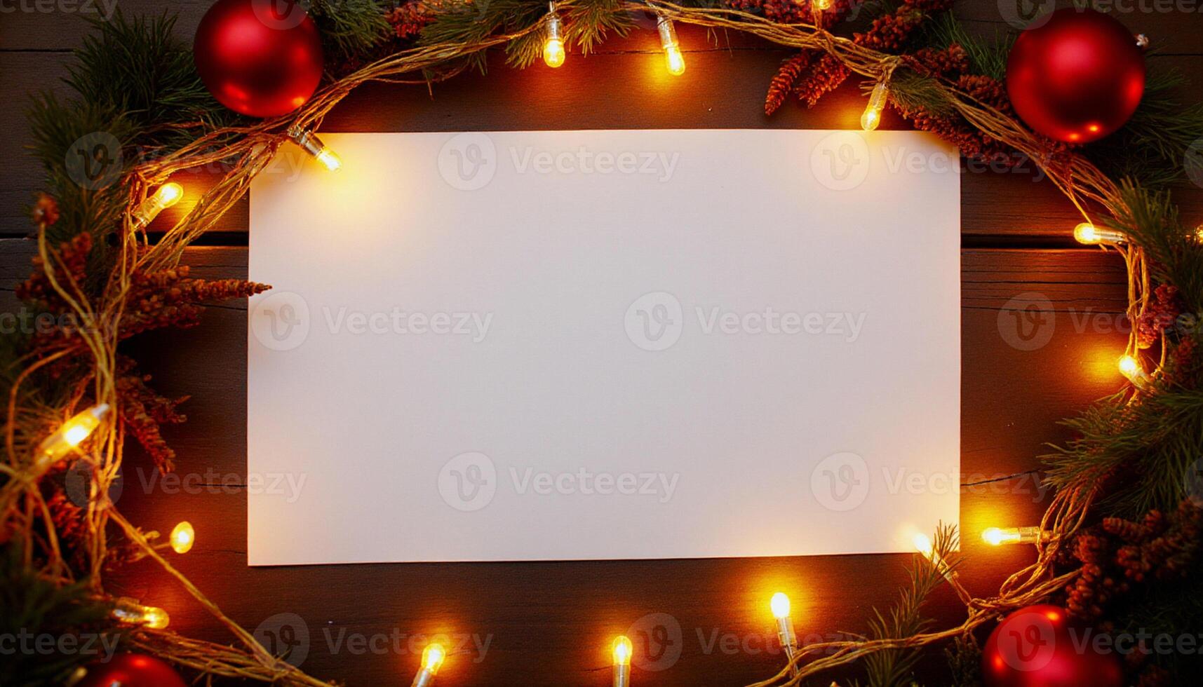 Overhead View of an Empty Card Lying Amidst a Circle of Warm Christmas String Lights photo