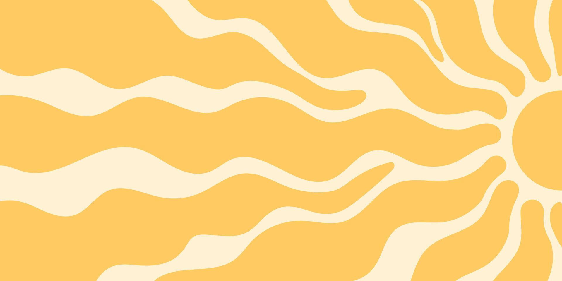 Retro groovy sun burst background with orange and yellow wave. Sunshine and y2k ray form a bold, abstract sun, ideal for graphic projects in trendy horizontal format, summer wallpaper or print use. vector