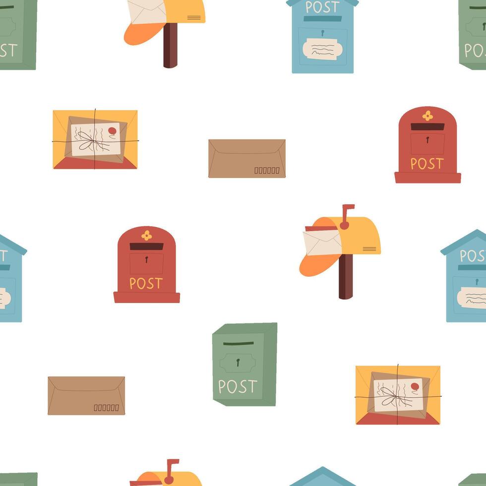Cartoon mail seamless pattern background with letter, envelope, post, mailbox, postbox, postcard, and delivery. Cartoon envelope postbox elements, seamless design for correspondence, office, or vector