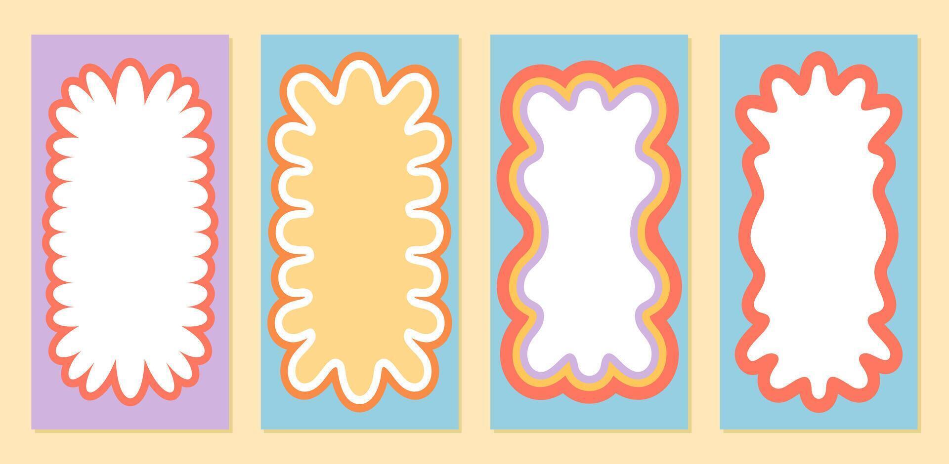 Groovy retro wavy rectangle border set with scallop outline as colorful frame. Funky y2k background, perfect for abstract label or border element in modern creative design. vector