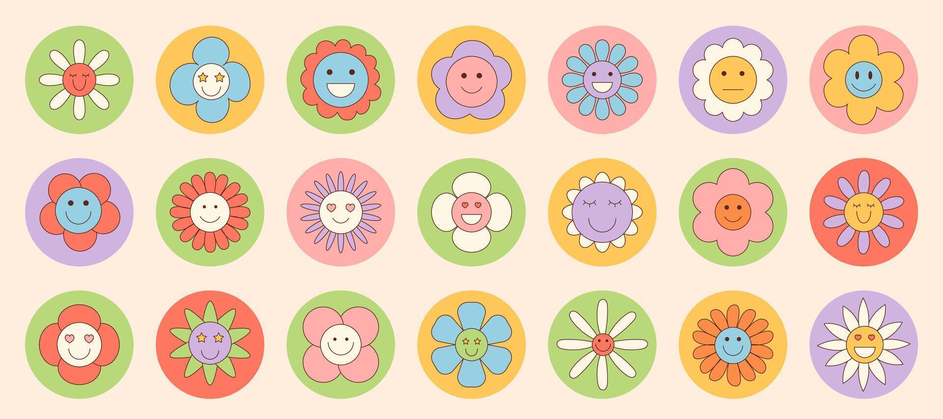 Cute retro flower sticker set in groovy circle style with happy daisy face. Smiley label and y2k package lid add cheerful color for a box. Perfect for fun and playful product package accent. vector