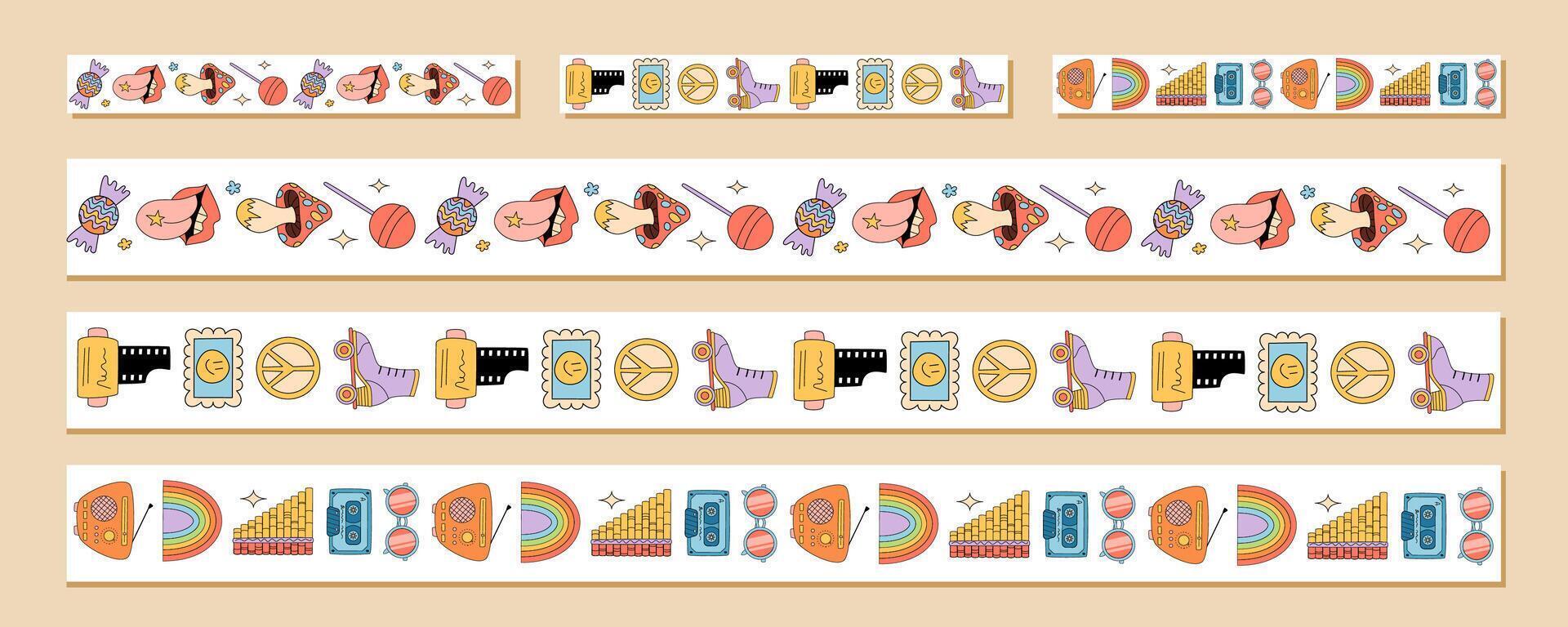 Groovy retro seamless border pattern with colorful smiley, roller, camera, and cassette motifs set. Funky y2k rainbow frame design, ideal for playful backgrounds and creative graphic set layouts. vector