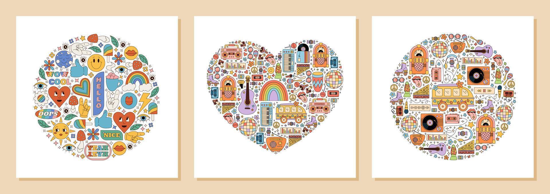 Groovy retro funky sticker set with heart, circle, and rainbow shapes in colorful y2k style. Background filled with smile, music, and pop elements. Trendy collection for playful modern dcor. vector