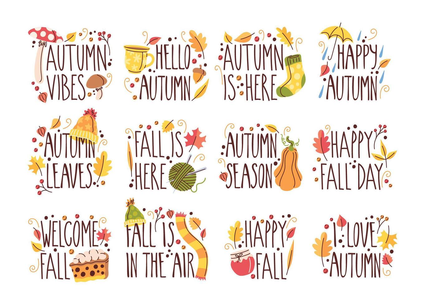 Autumn labels set with handwritten greeting text and seasonal attributes hand drawn elements vector