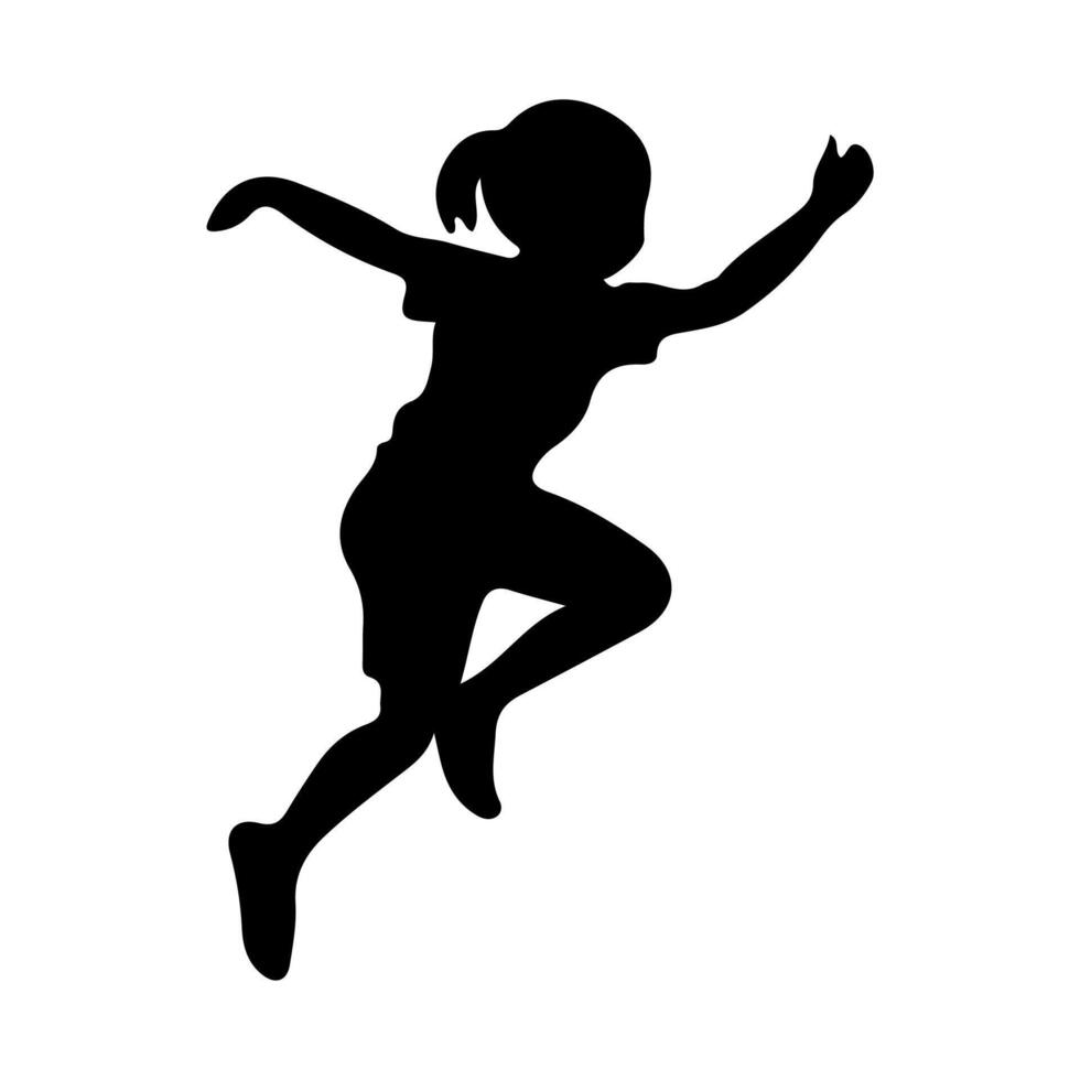Silhouette of a running child with ponytail in mid-air on white background vector