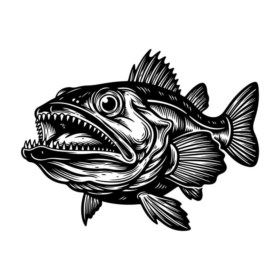Black and white illustration of a menacing fish with sharp teeth. Showing open mouth vector