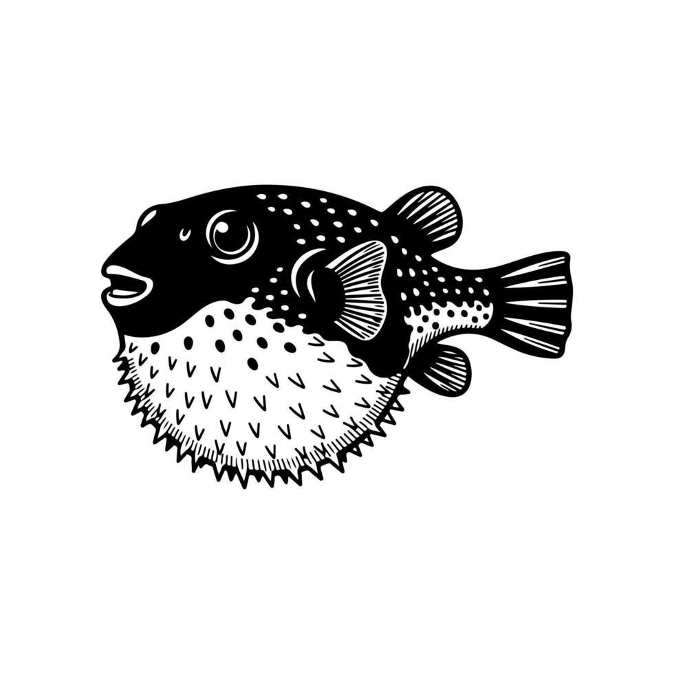 Black and white illustration of a pufferfish with sharp spines and dotted pattern vector