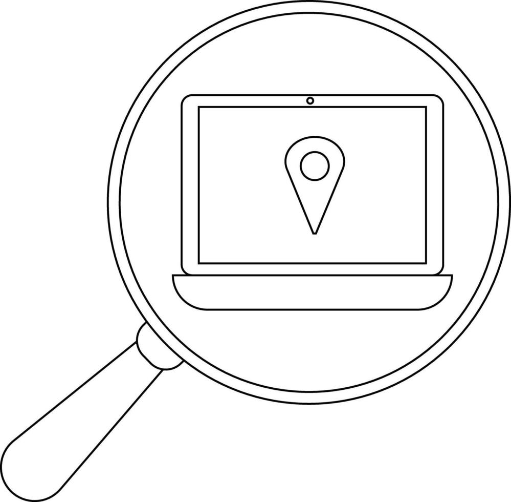 A magnifying glass frames a laptop displaying a map pin vector
