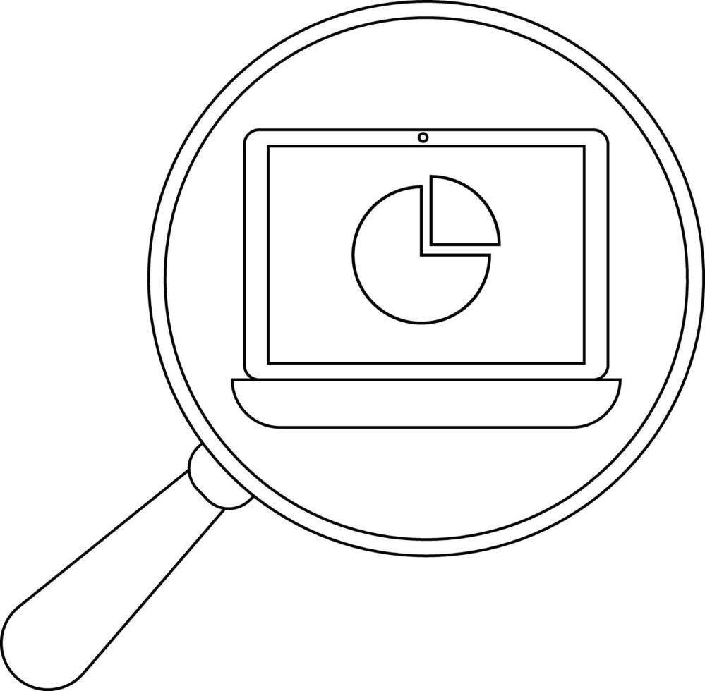 Laptop displaying a pie chart is viewed through a magnifying glass vector