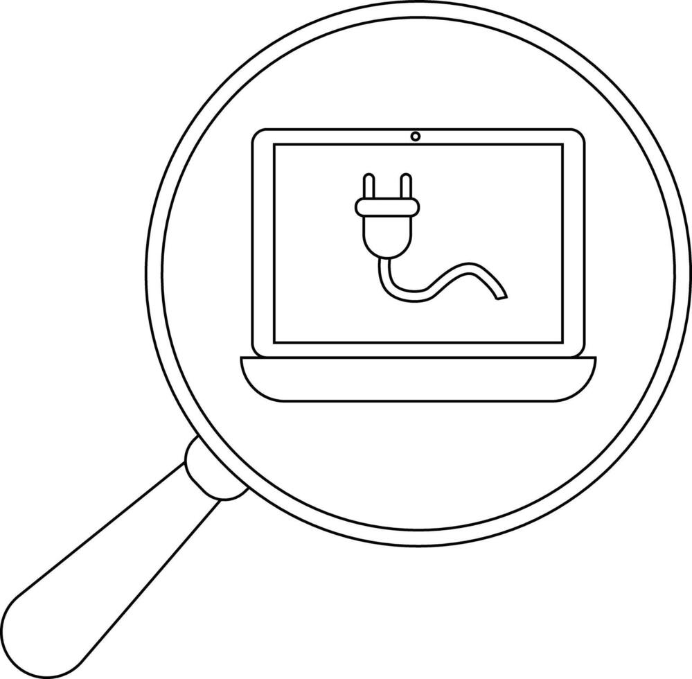 Outline of a laptop with a plug on the screen viewed through a magnifying glass vector