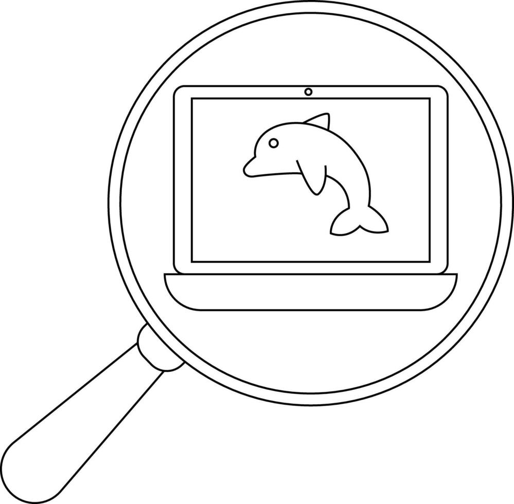 A line drawing features a laptop with a dolphin onscreen viewed through a magnifying glass vector