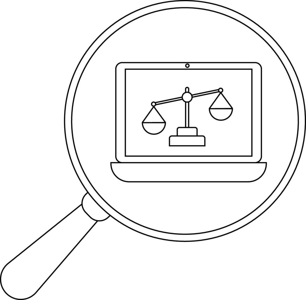 A magnifying glass focuses on a laptop displaying a balance scale on its screen vector