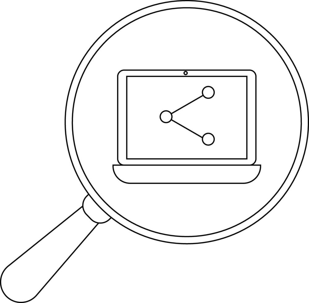 A magnifying glass focuses on a laptop displaying a network icon vector