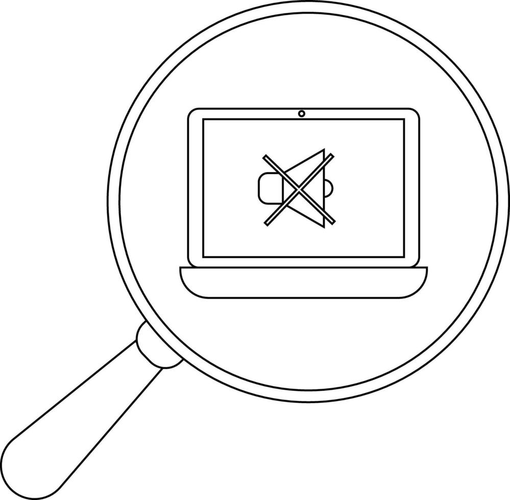 Magnifying glass viewing a laptop display featuring a muted speaker icon vector