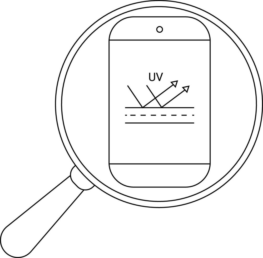 A magnifying glass enlarges a phone screen displaying UV and reflection arrows above dashed and solid lines vector