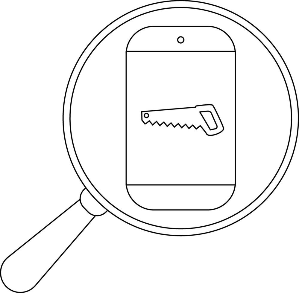 A magnifying glass focuses on a phone with a saw icon displayed on its screen vector