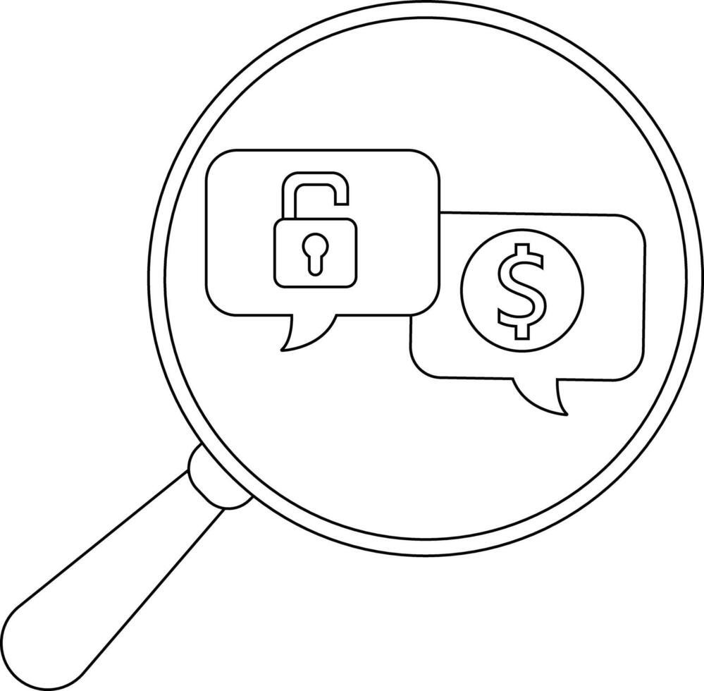 A magnifying glass showcases two speech bubbles one with an open padlock and the other with a dollar sign inside vector
