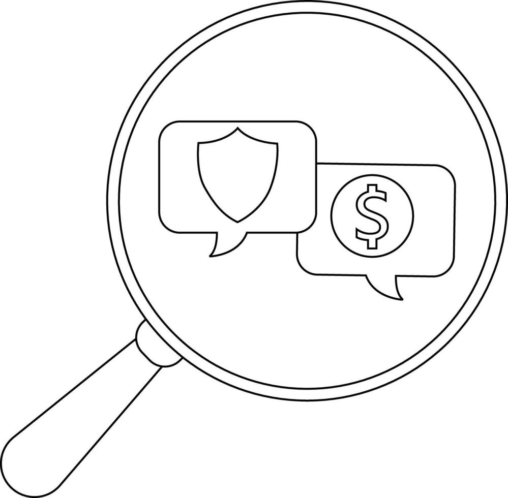 Magnifying glass focuses on speech bubbles with a shield and dollar sign vector