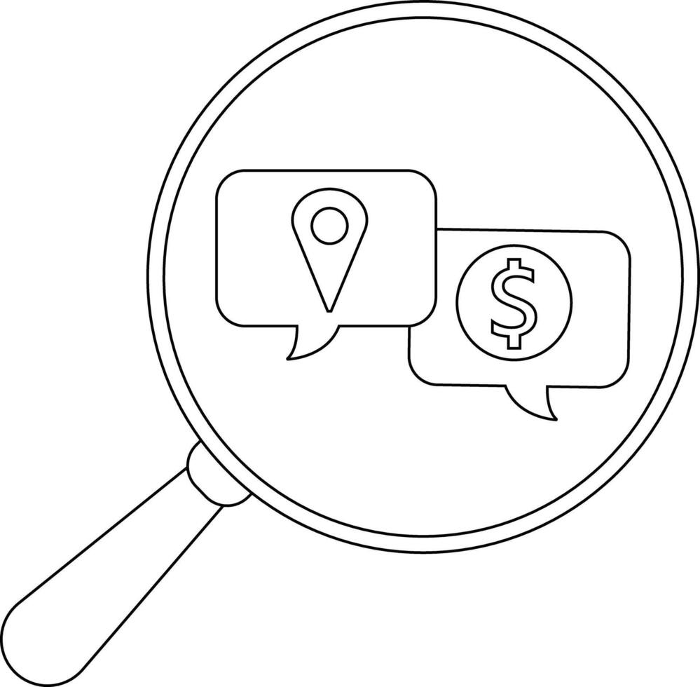 Magnifying glass focuses on two speech bubbles one with a location pin and the other a dollar sign vector