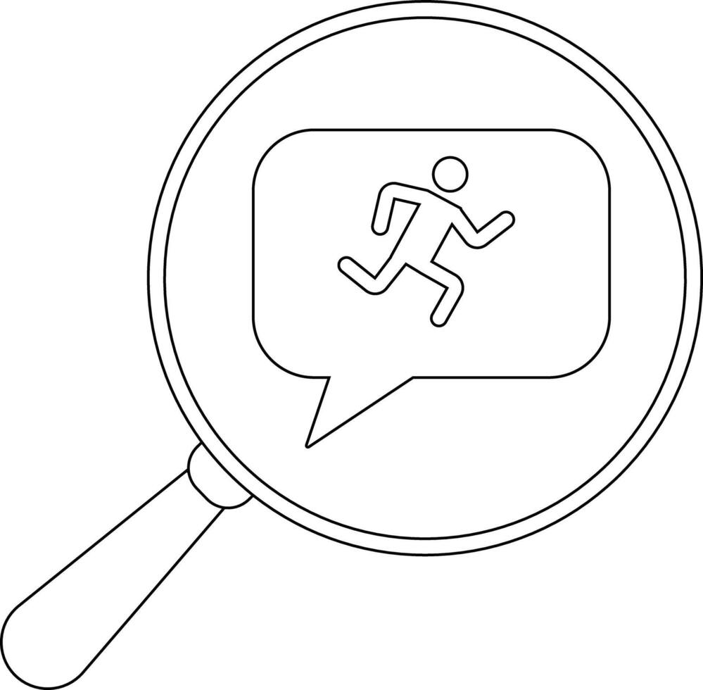 A magnifying glass focuses on a speech bubble with a person running inside vector