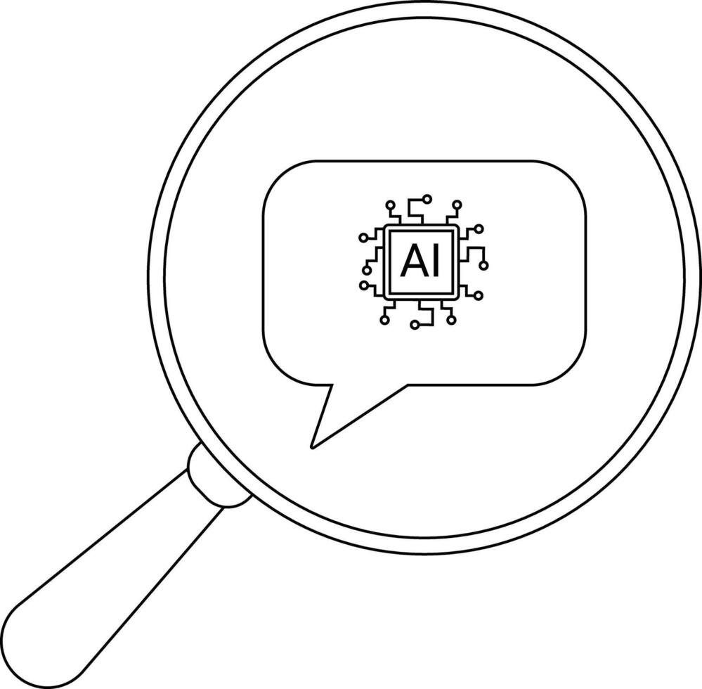 A magnifying glass highlights a speech bubble enclosing a circuit board labeled AI vector