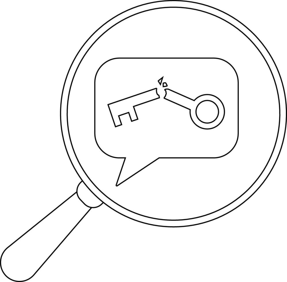 Magnifying glass over a speech bubble containing a broken key vector
