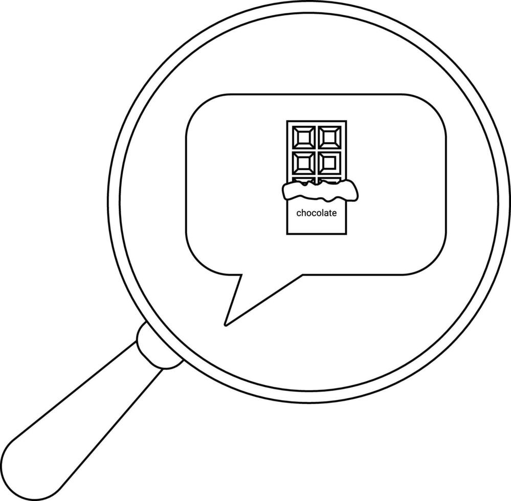 Magnifying glass showing a chocolate bar graphic in a speech bubble vector