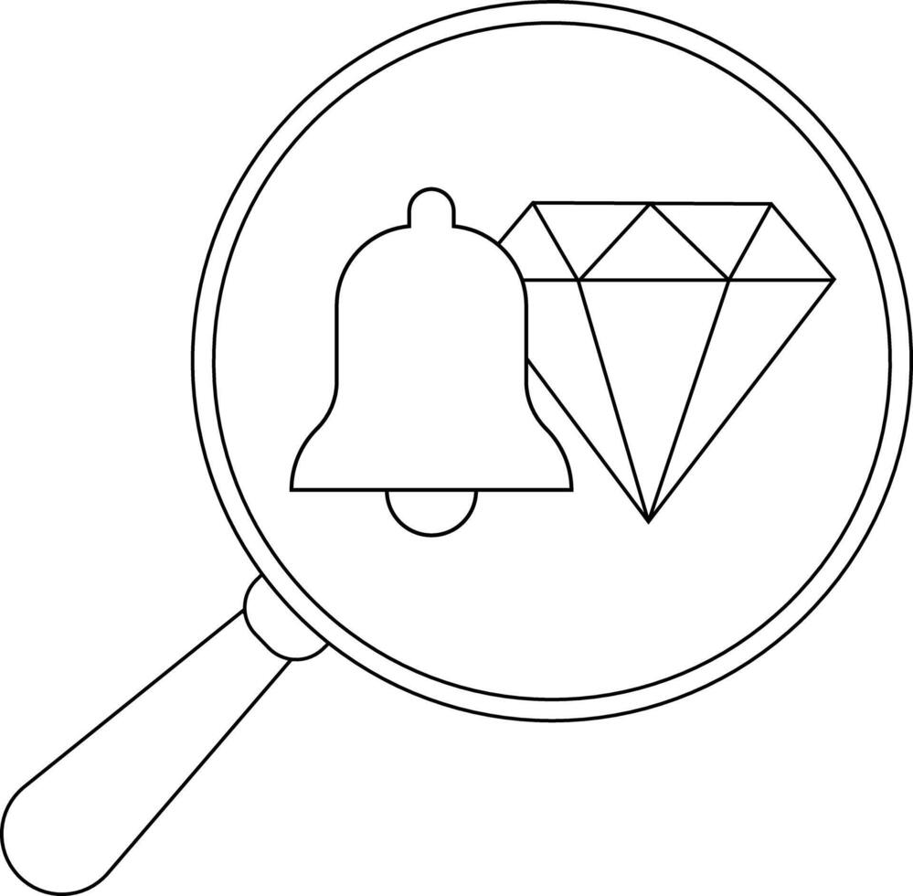 A bell and diamond icon are viewed through a magnifying glass with a round frame and handle vector