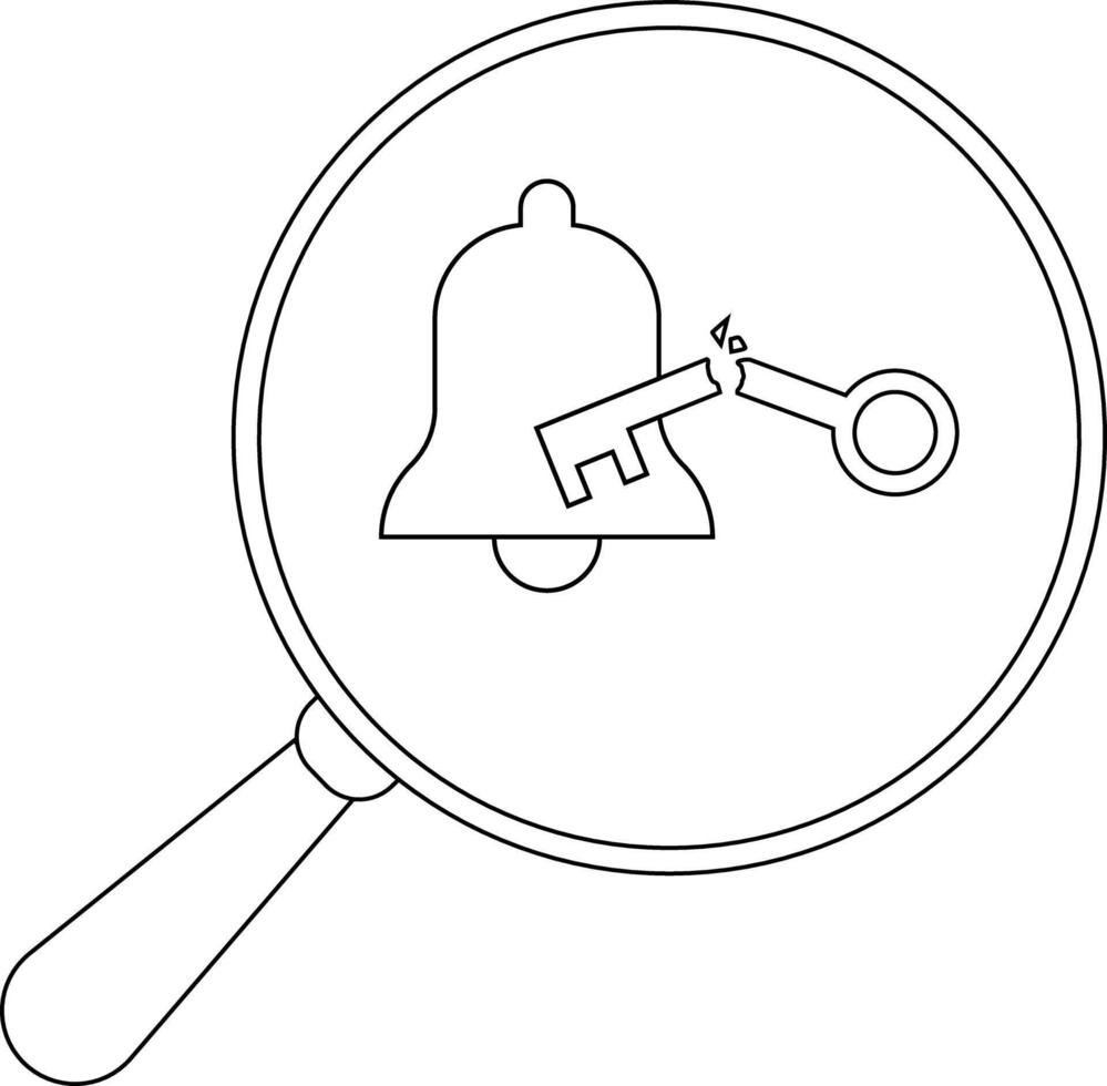 A magnifying glass focuses on a broken key stuck in a bell drawn in outline vector