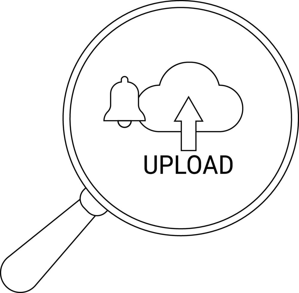 A magnifying glass focuses on an upload icon beside a notification bell vector