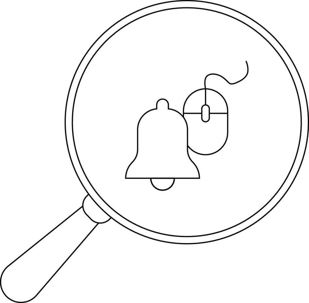A magnifying glass reveals a bell icon next to a computer mouse with its wire vector