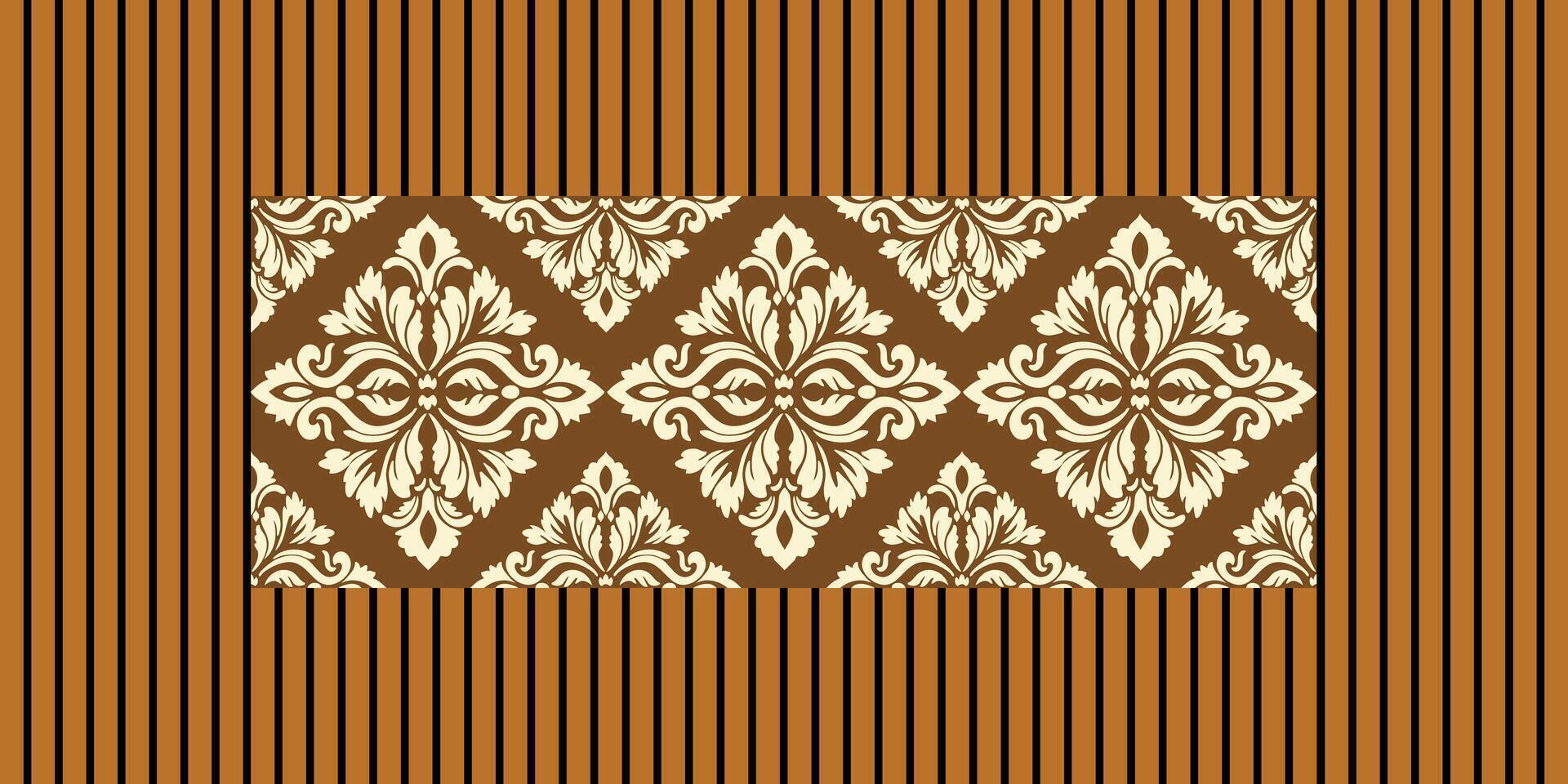 Vertical lines resembling a wooden latticework in brown and orange tones, combined with damask patterns, create a modern and classic feel. Designed as a seamless background. vector