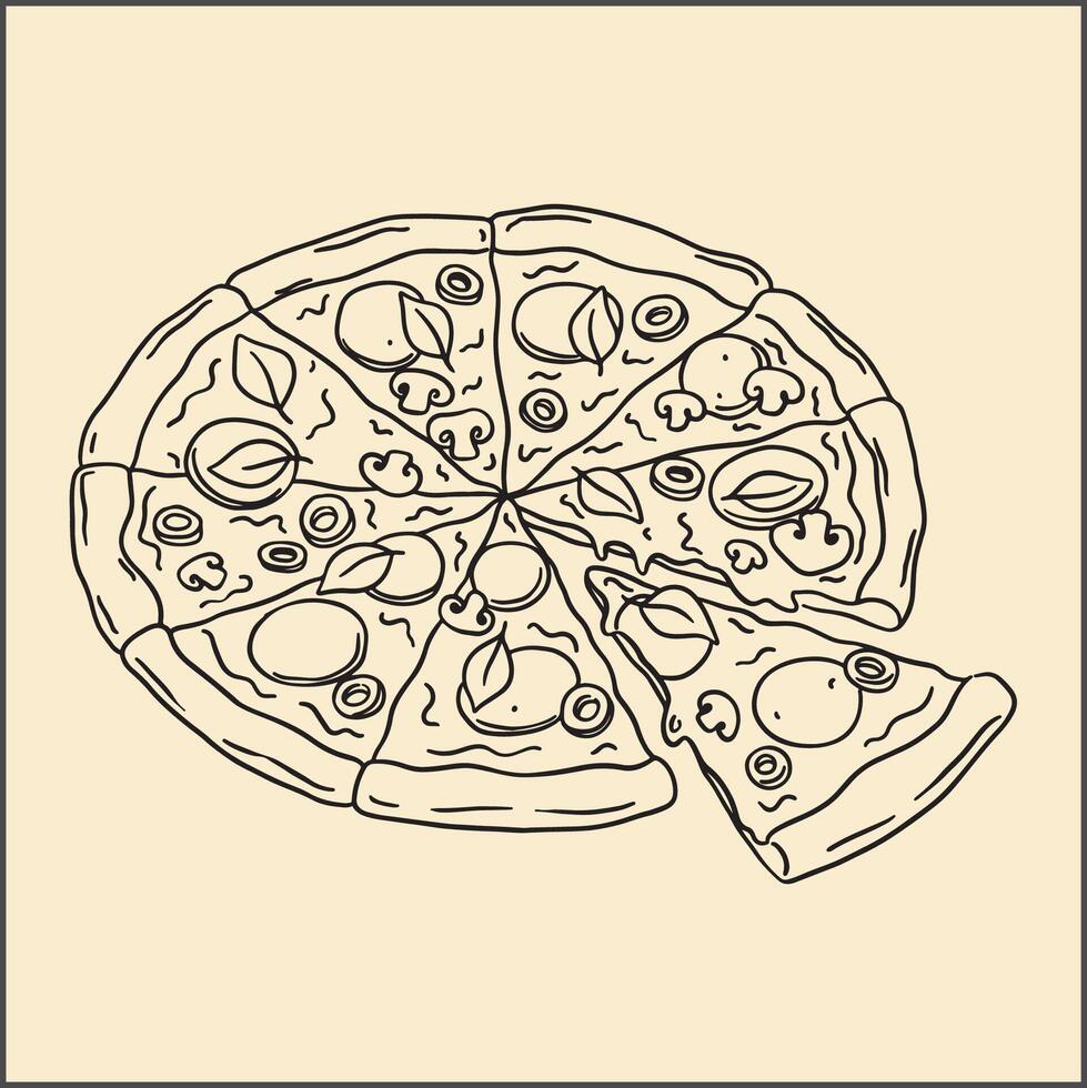 Doodle-style illustration of a whole pizza with a detached slice. Hand-drawn style drawing with simple black lines on a light background. vector