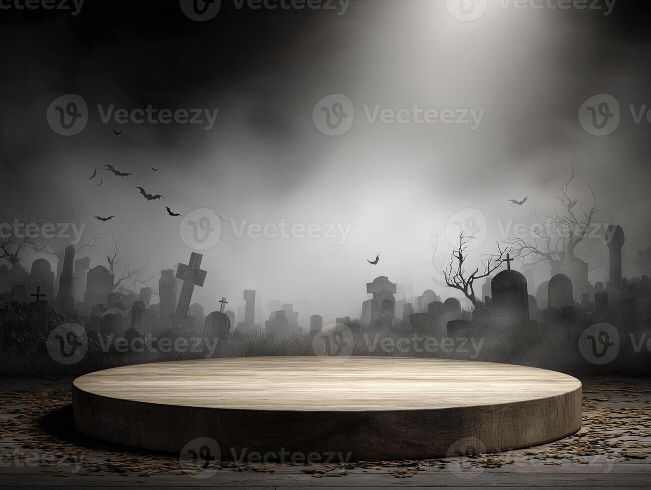 Spooky graveyard scene with an empty wooden platform for display photo