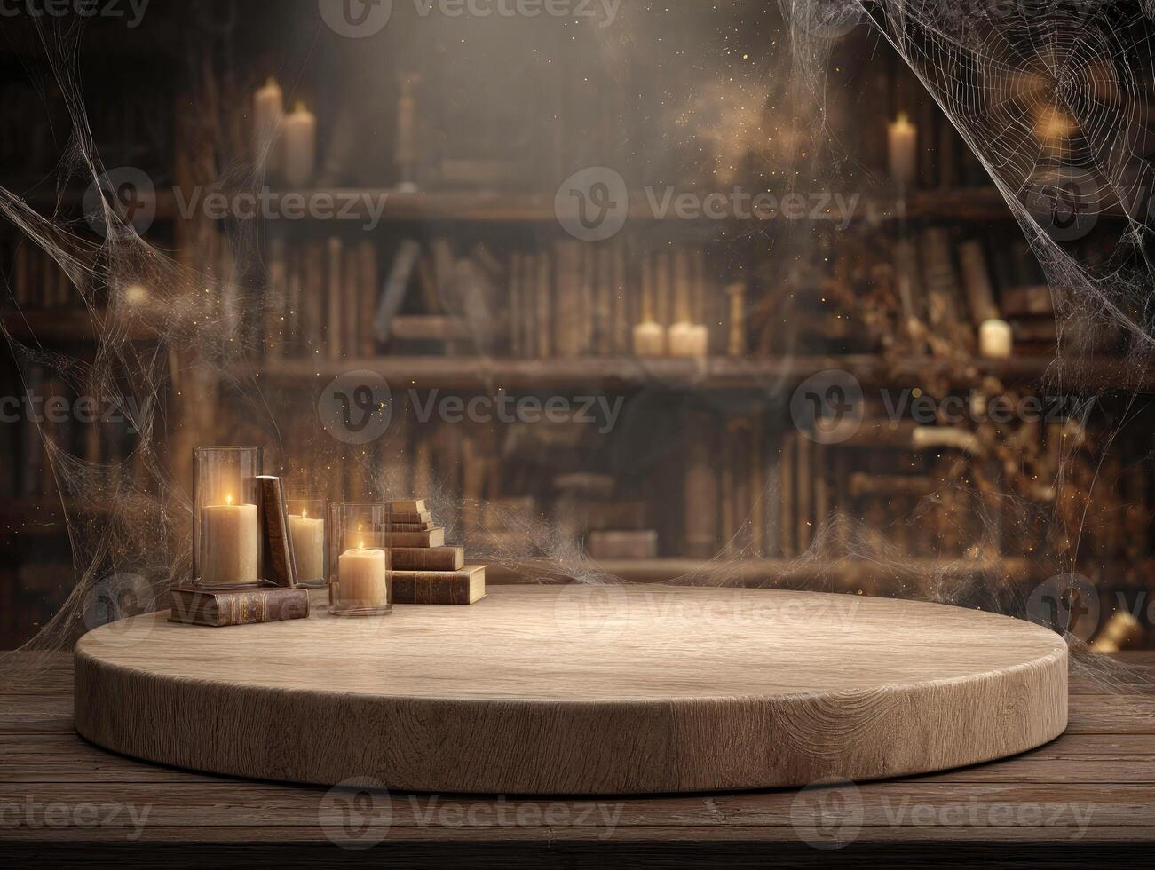 Ancient library setting with glowing candles and a weathered display platform photo