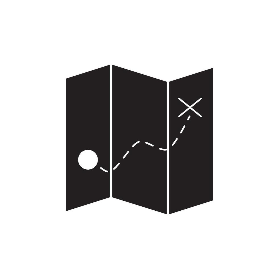illustration of a folded map with a route marked by a dotted line, showing a destination with an X vector