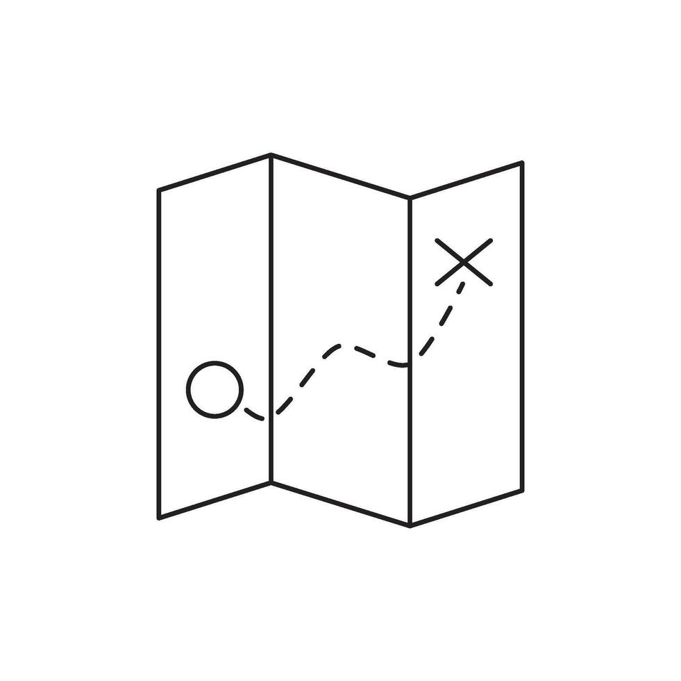 Folded paper map with a dotted line showing a route from a circle to an X vector